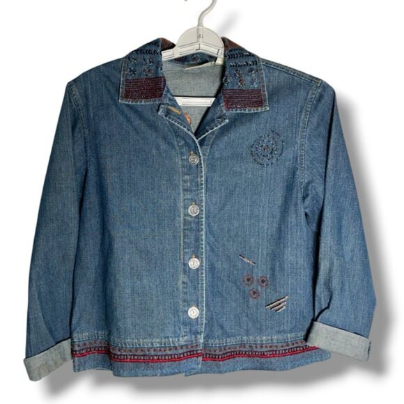 Chico’s Bomber Jacket Friends Beaded Embroidered Appliques Denim Blue Small - Picture 2 of 16